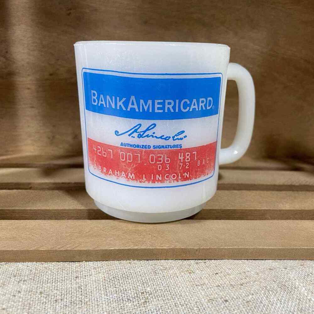 Vintage Abraham Lincoln Bank Americard Milk Glass Coffee Mug - Credit Card Cup